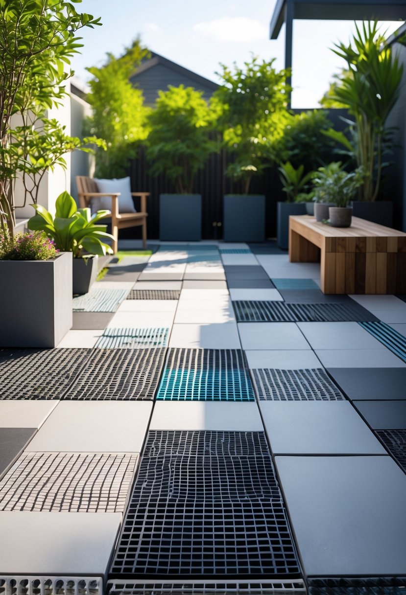 Outdoor patio with rubber tiles, surrounded by plants and outdoor furniture.