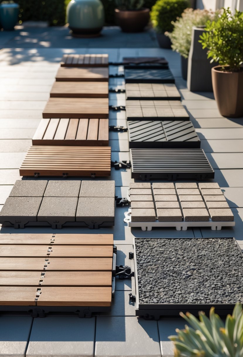 An outdoor patio area displaying a variety of interlocking deck tiles arranged side by side with different materials and textures.