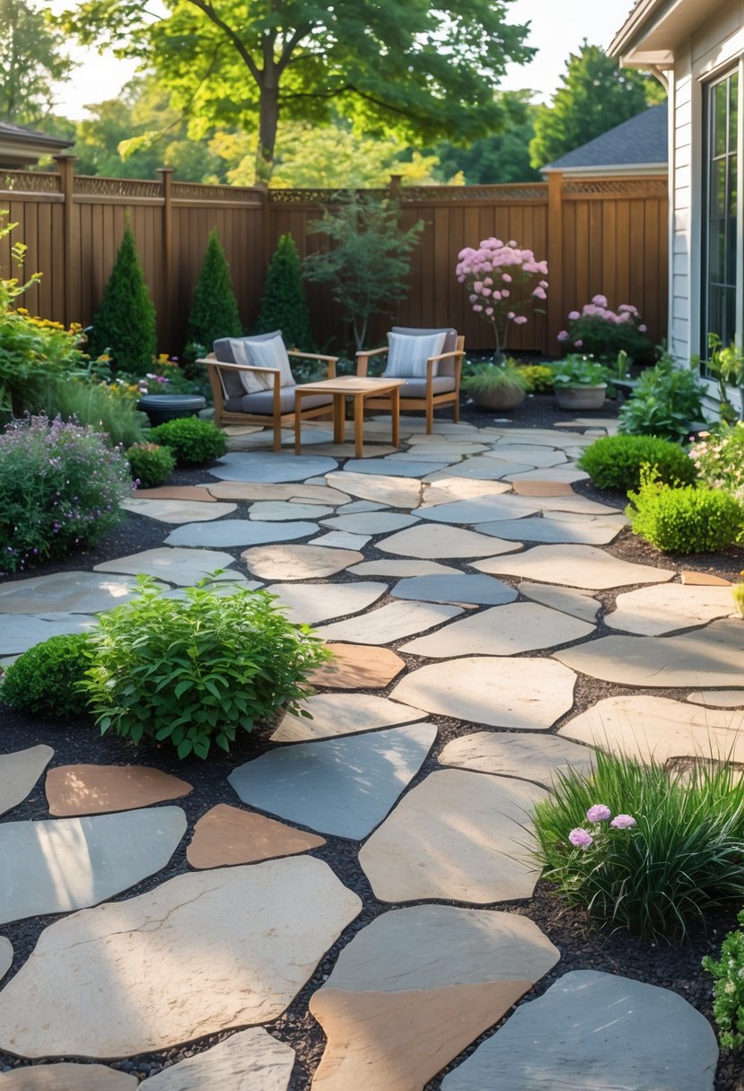 An outdoor patio with irregular flagstone flooring surrounded by green plants and modern furniture.