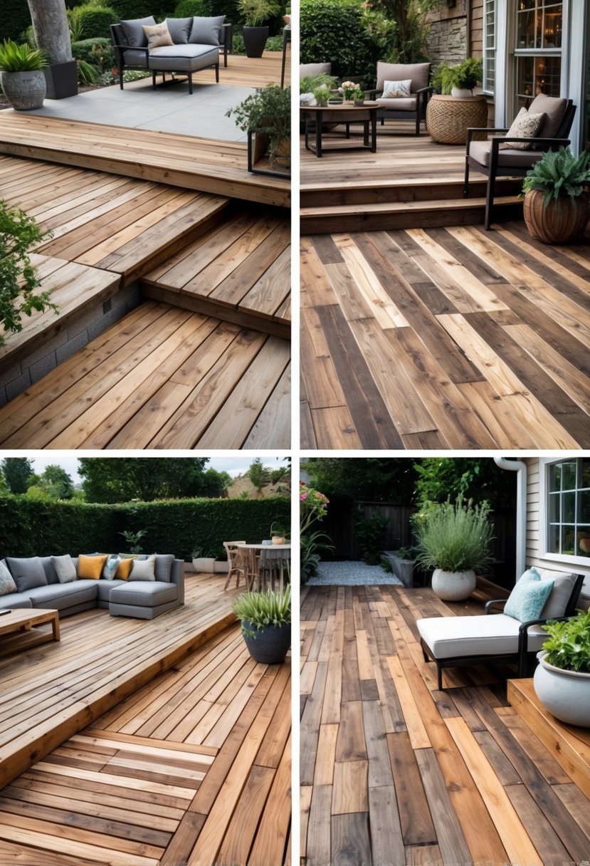 Outdoor spaces featuring different reclaimed wood flooring designs with natural wood textures and outdoor furniture.