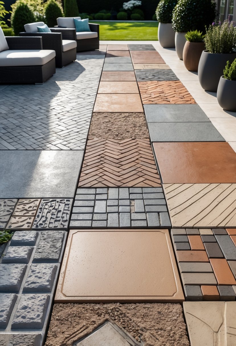 Outdoor patio area showing fourteen different stamped concrete flooring patterns arranged side by side with outdoor furniture and plants around.