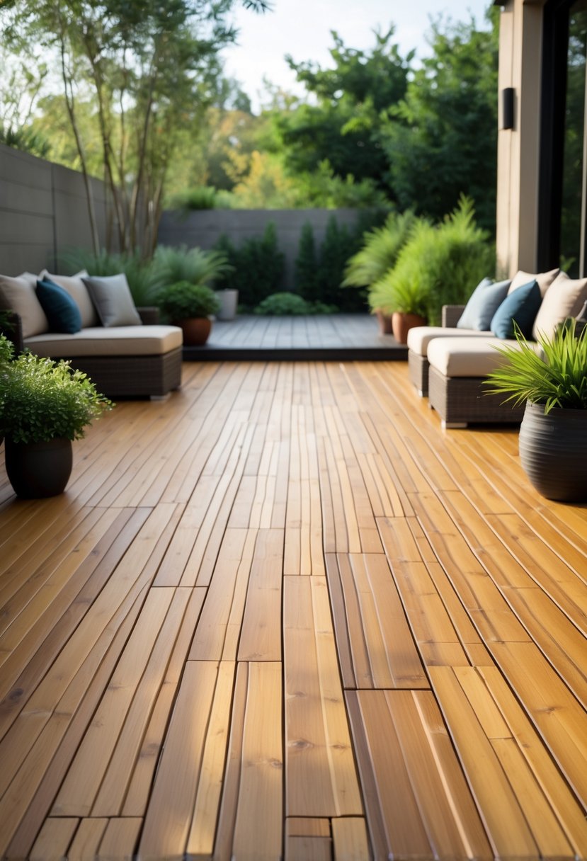 Outdoor patio with bamboo flooring surrounded by plants and seating.
