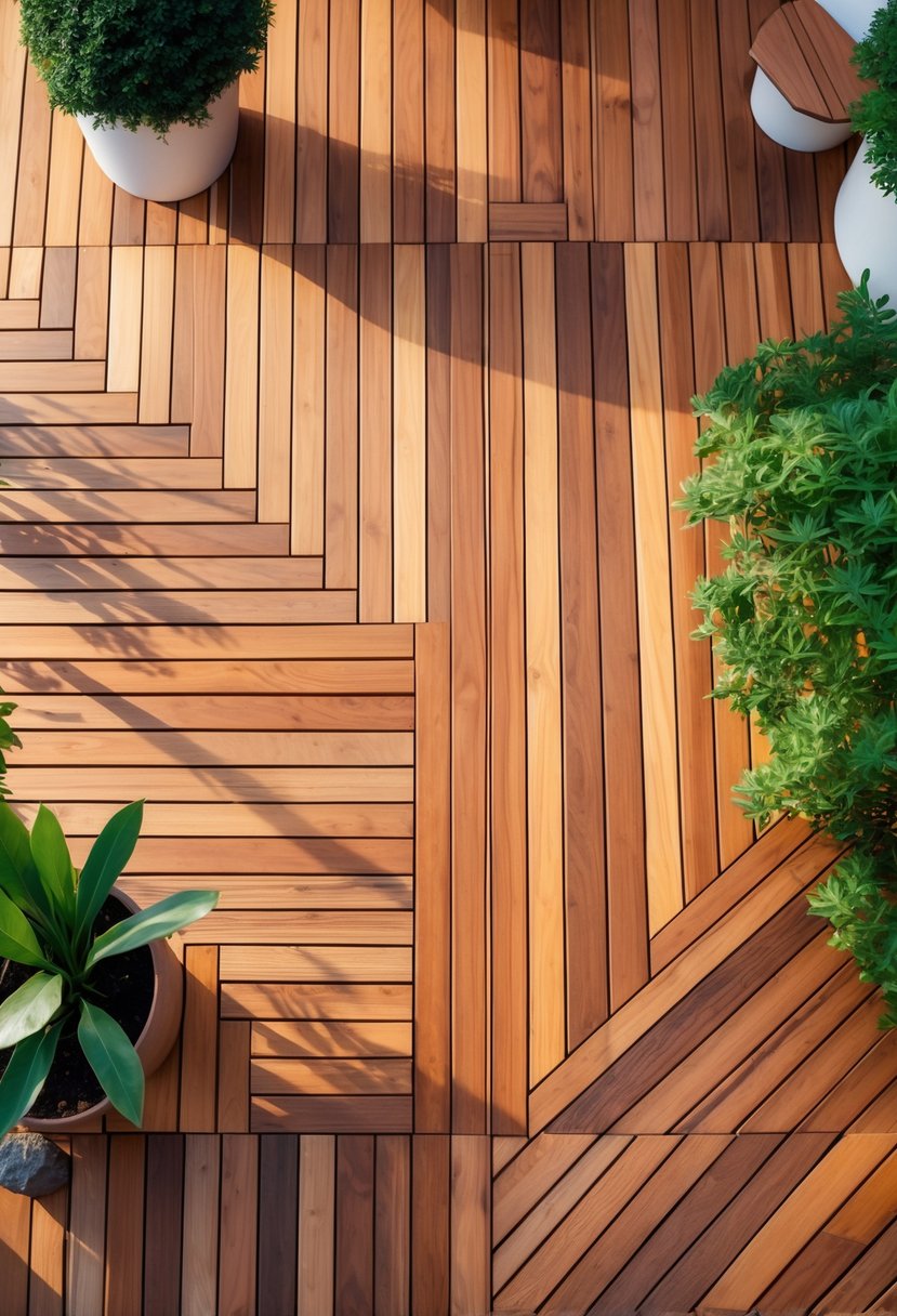 An outdoor scene displaying various cedar wood decking patterns and layouts surrounded by plants and outdoor furniture.