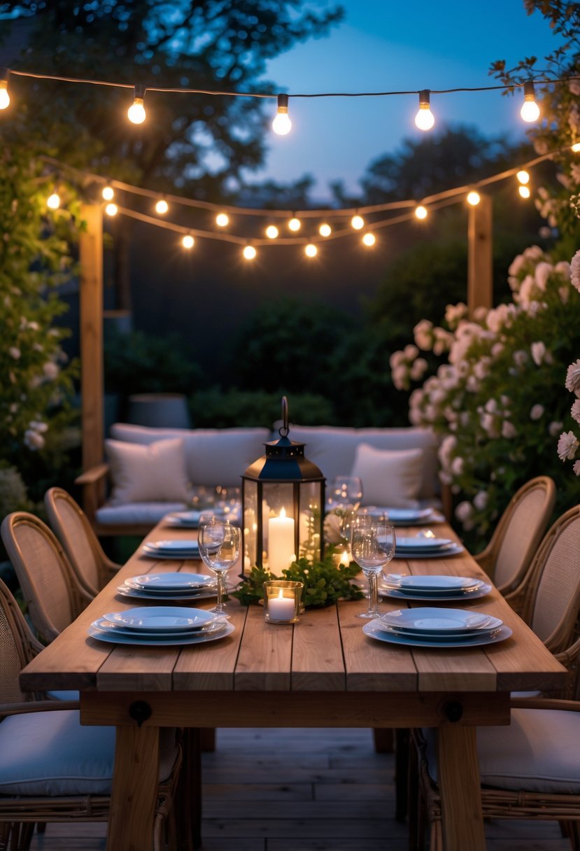 How to Create a Dreamy Outdoor Dining Area for Summer Nights: The Ultimate Guide 2 An outdoor dining table set for a summer evening with candles, string lights, chairs, and surrounding greenery under a twilight sky.