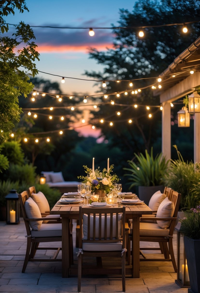How to Create a Dreamy Outdoor Dining Area for Summer Nights: The Ultimate Guide 3 An outdoor dining table set for a summer evening surrounded by plants and soft lighting.