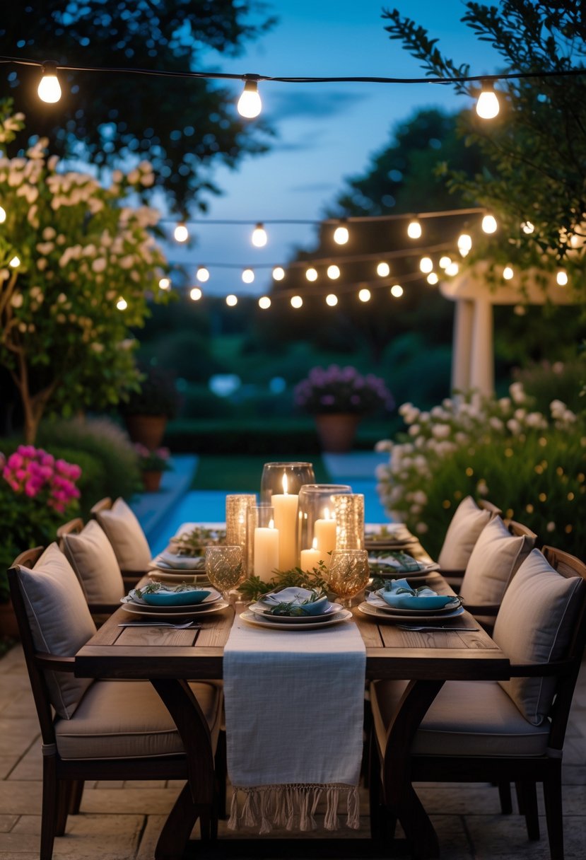 How to Create a Dreamy Outdoor Dining Area for Summer Nights: The Ultimate Guide 7 Outdoor dining table set with chairs, candles, and string lights surrounded by plants under a twilight sky.