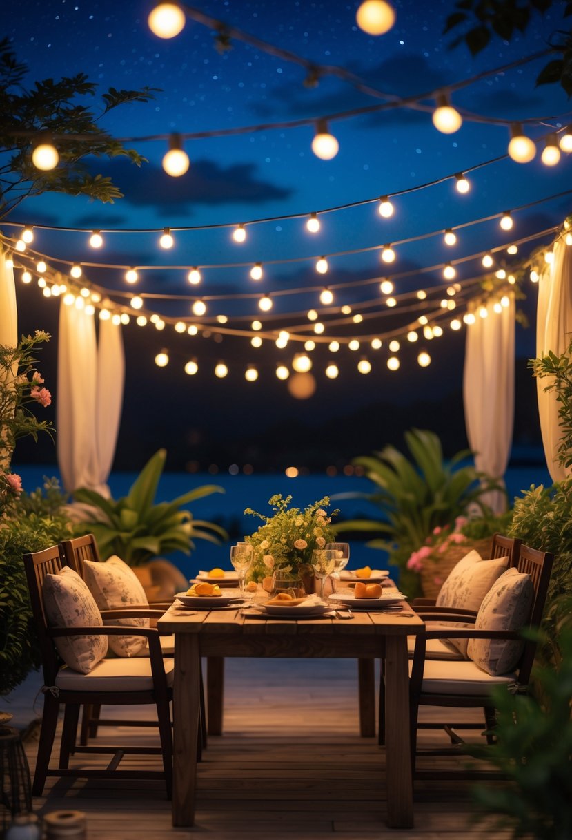 How to Create a Dreamy Outdoor Dining Area for Summer Nights: The Ultimate Guide 11 An outdoor dining table set for a summer night with warm string lights, plants, and a twilight sky.