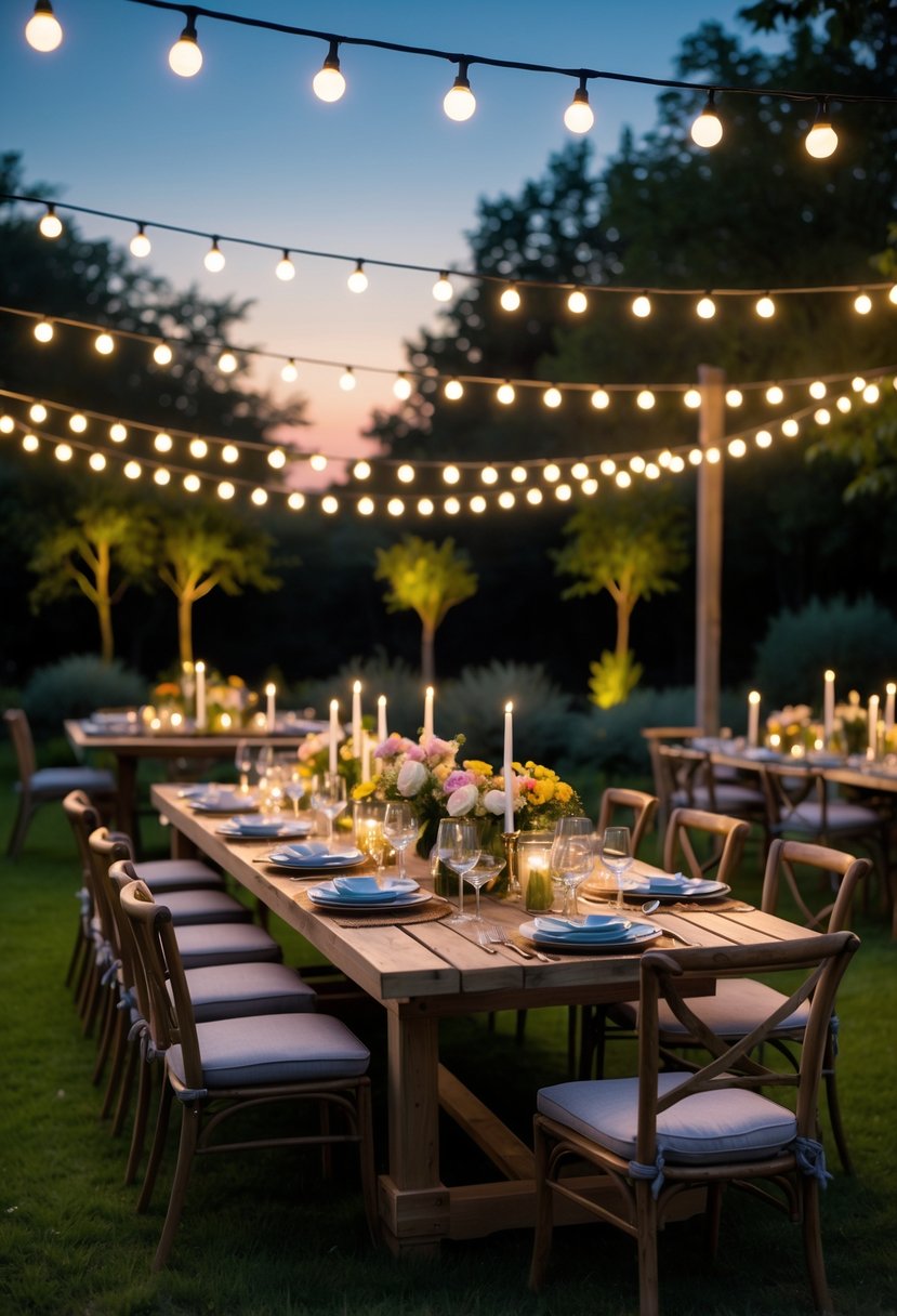 How to Create a Dreamy Outdoor Dining Area for Summer Nights: The Ultimate Guide 15 An outdoor dining table set with flowers, candles, and tableware under string lights in a garden at dusk.