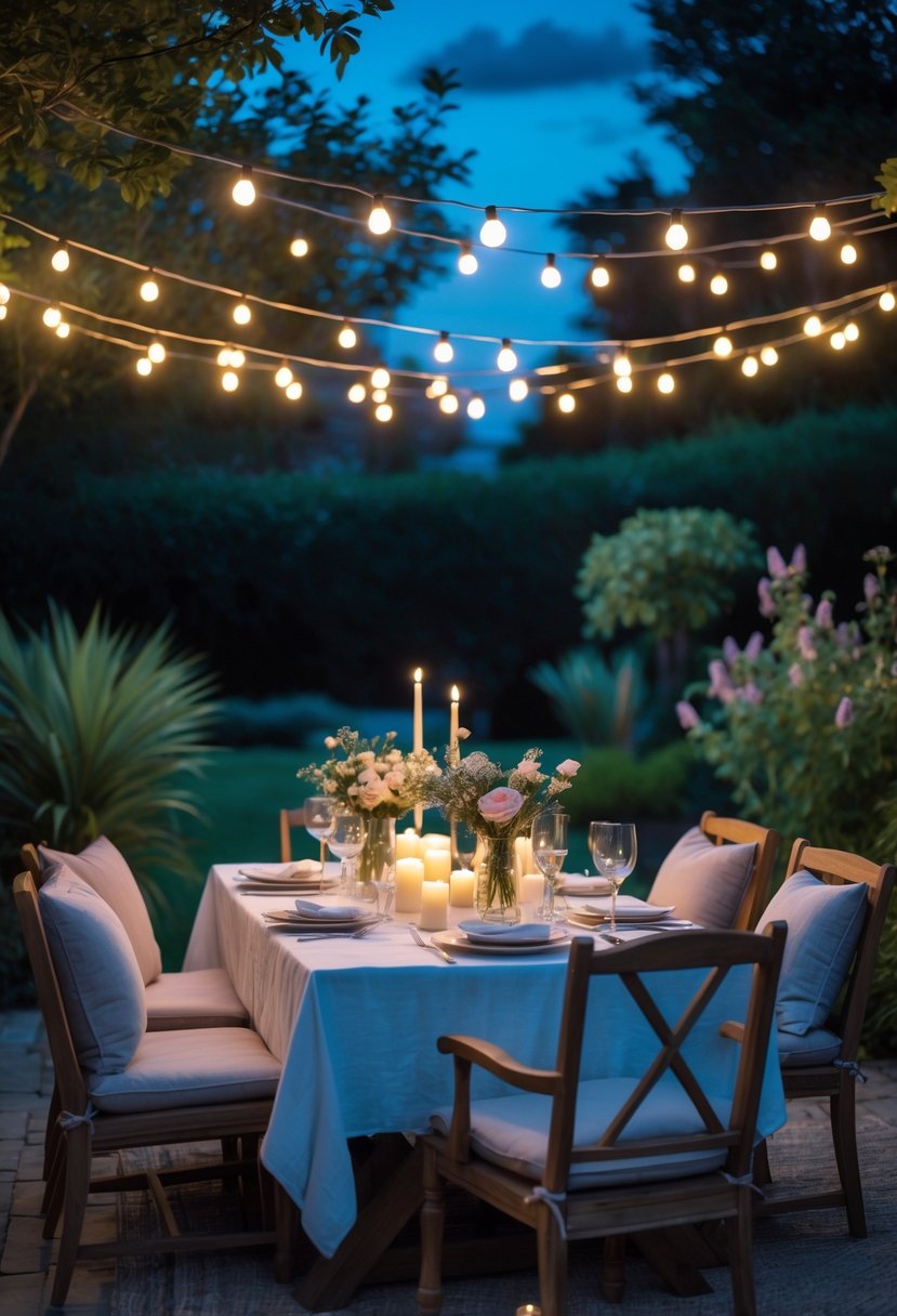 How to Create a Dreamy Outdoor Dining Area for Summer Nights: The Ultimate Guide 19 An outdoor dining table set with candles and string lights in a garden at twilight, surrounded by chairs and greenery.
