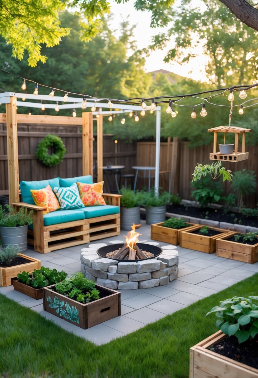 A sunny backyard with handmade wooden furniture, a small fire pit, string lights, potted plants in repurposed containers, a bird feeder hanging from a tree, and a small vegetable garden.