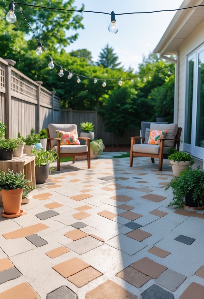 Outdoor patio with painted concrete paver floor, potted plants, and seating under natural daylight.
