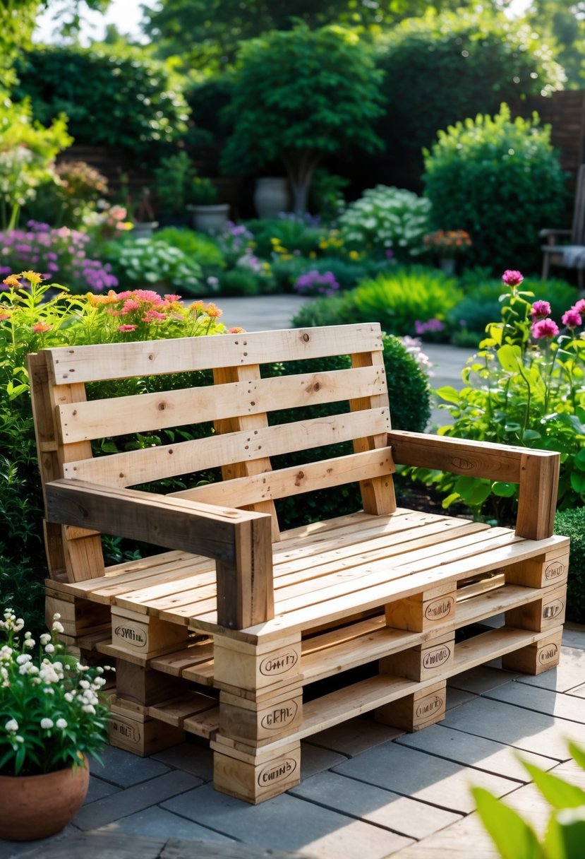 A wooden pallet garden bench placed outdoors in a green garden surrounded by flowering plants and shrubs.