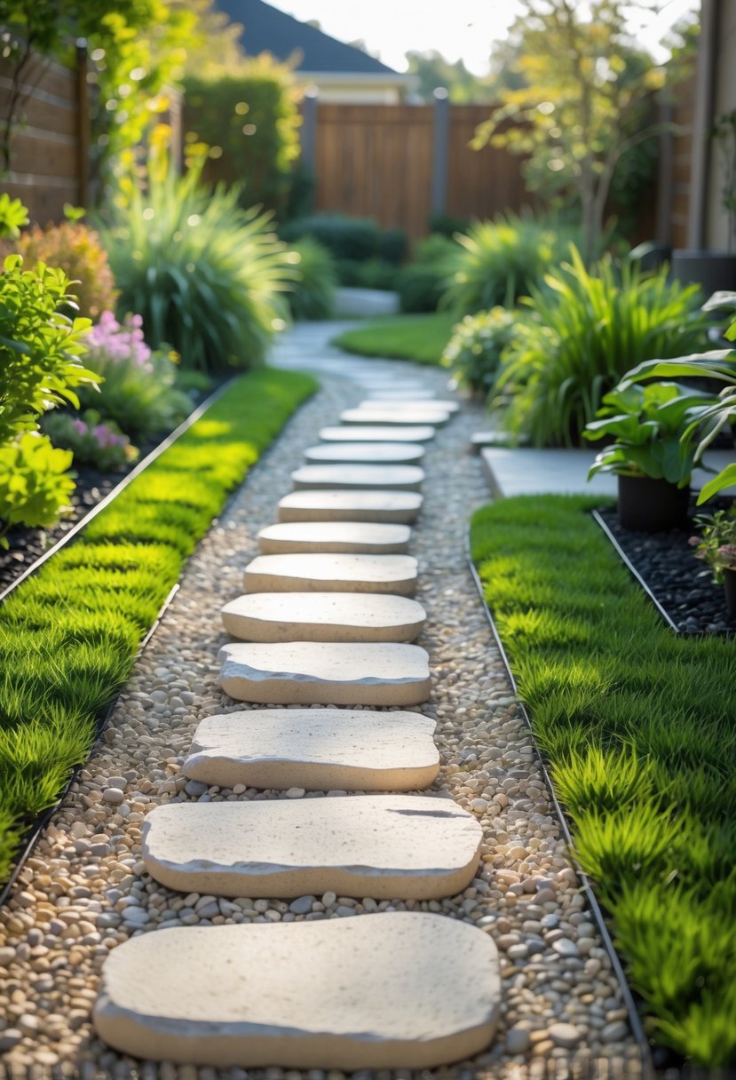 A garden walkway made of gravel and stepping stones surrounded by green grass and plants.