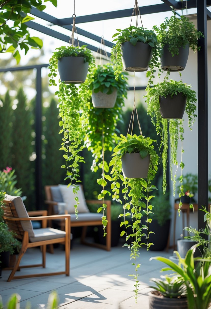 Outdoor patio with hanging plants arranged as a privacy screen and seating area surrounded by greenery.