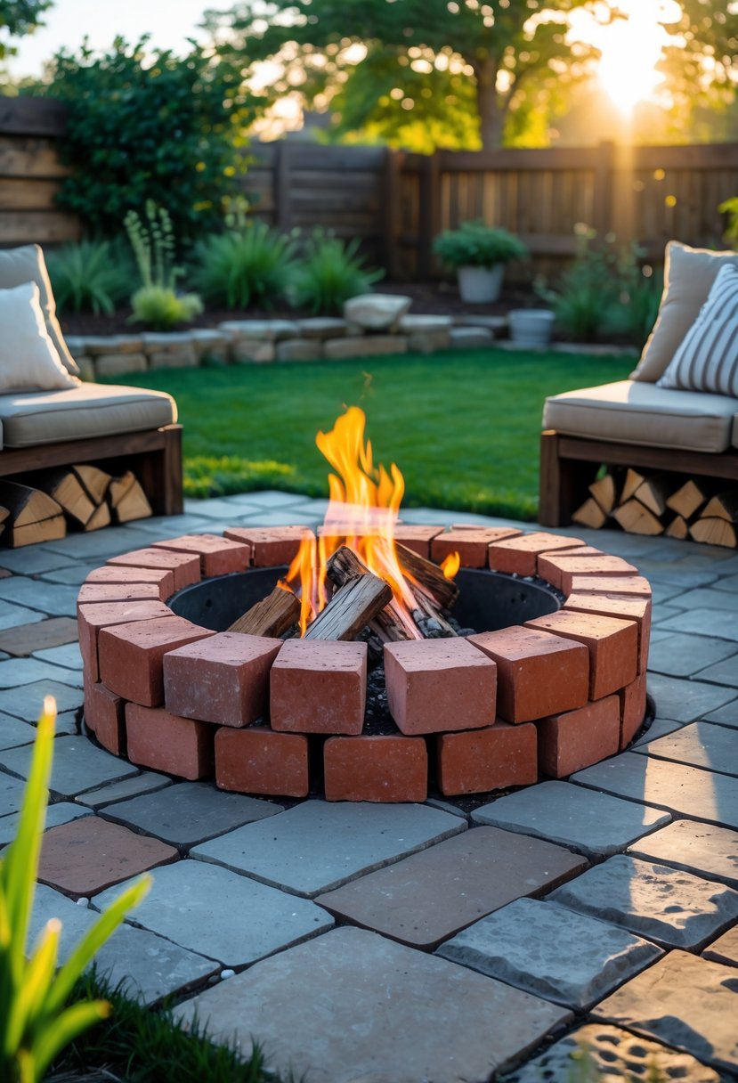 A backyard with a circular fire pit made of recycled red bricks surrounded by wooden seats and green grass.
