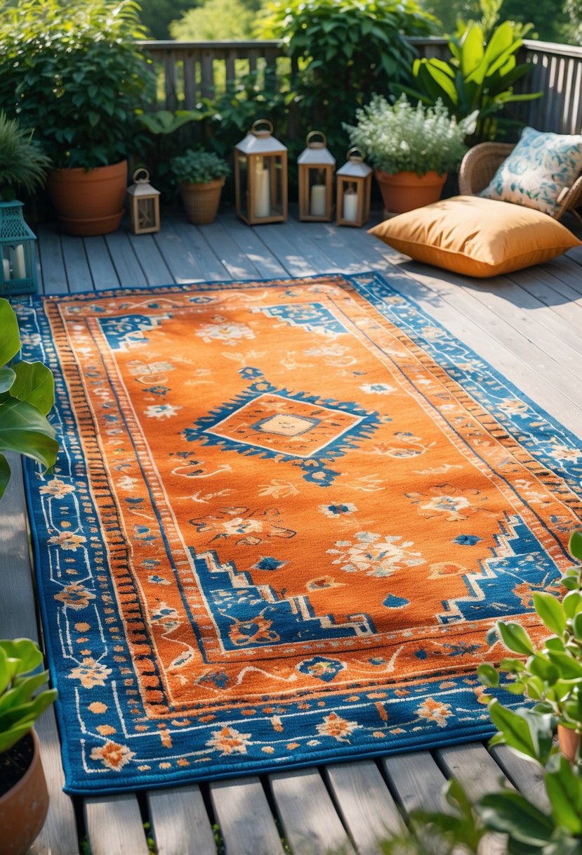 An outdoor patio with a colorful rug on a wooden deck surrounded by plants and simple outdoor decorations.