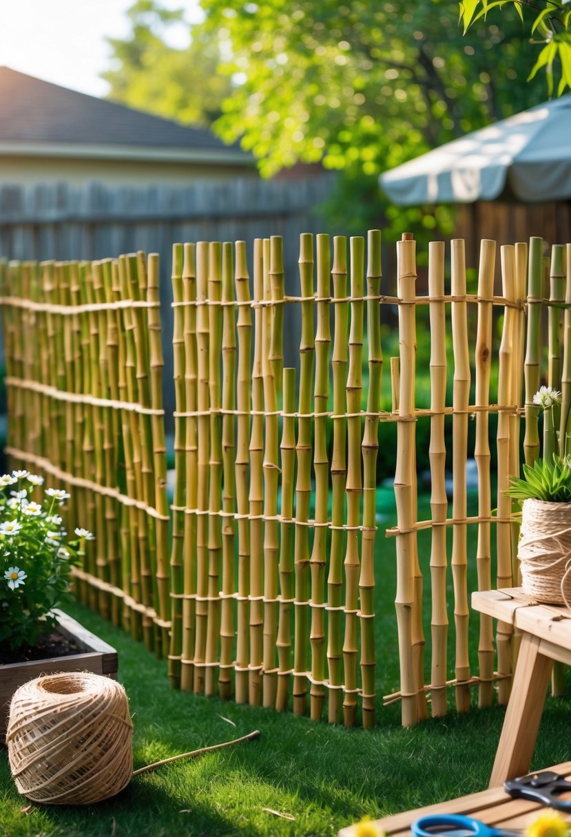 Outdoor backyard scene showing handmade bamboo fence panels surrounded by grass and garden tools.