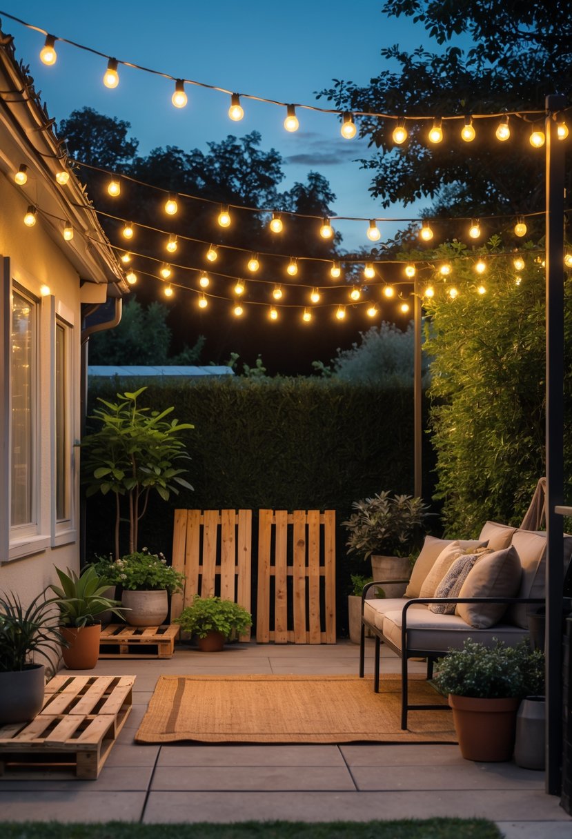 Outdoor patio with string lights hung overhead, cozy seating, and plants creating a warm and inviting atmosphere in the evening.