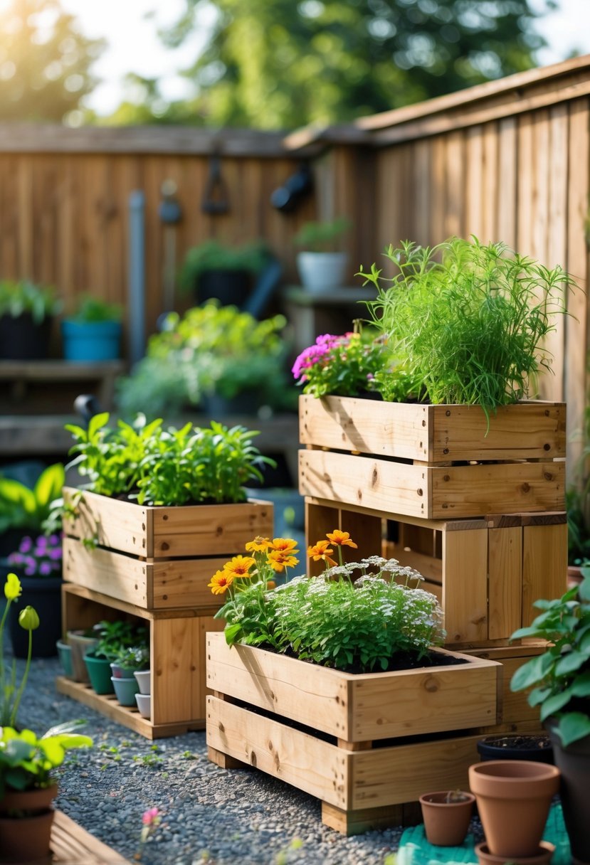 Wooden crate planter boxes filled with green plants and flowers arranged outdoors on a deck and gravel ground with gardening tools nearby.