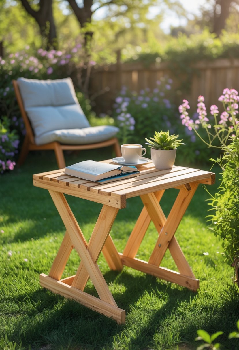 A foldable wooden outdoor side table next to a chair in a sunny garden with plants and grass.