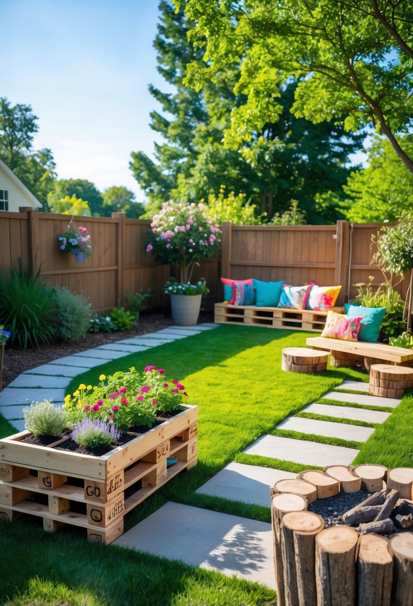 A backyard with a wooden planter, stone pathway, handmade benches with cushions, and a stone fire pit surrounded by log stools under a sunny sky.