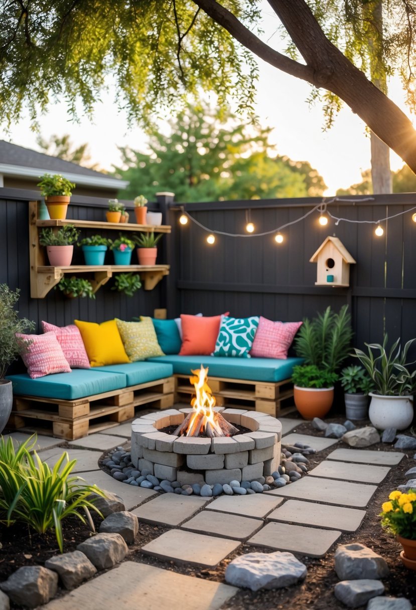 Backyard with DIY outdoor projects including a pallet seating area, fire pit, string lights, potted plants, birdhouse, and garden pathway.