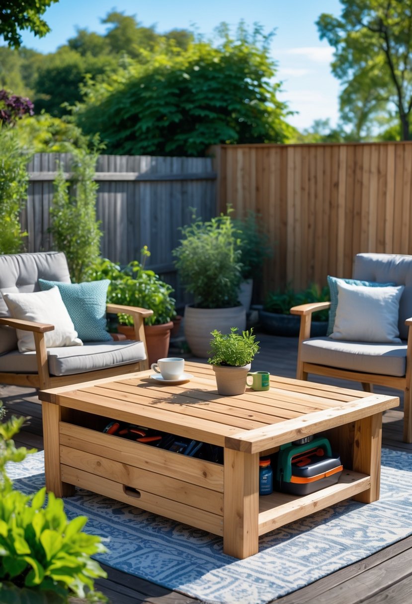 An outdoor wooden coffee table with open storage compartments on a deck surrounded by patio chairs and garden plants.