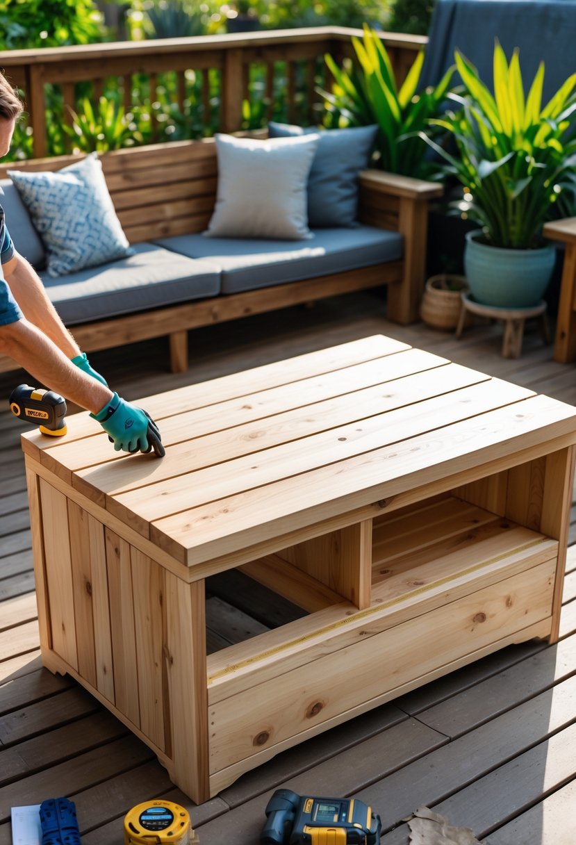 A person assembling a wooden outdoor coffee table with storage compartments on a deck surrounded by plants and woodworking tools.