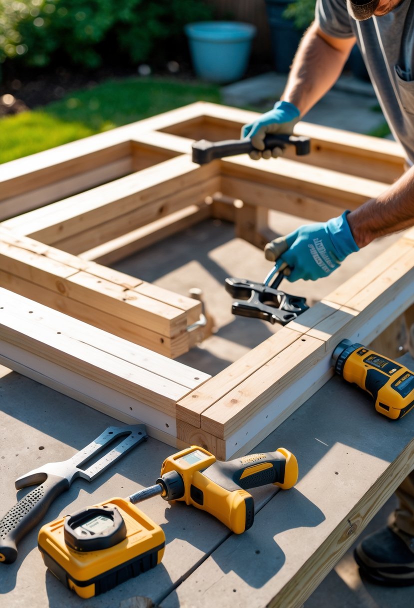 Person assembling a wooden outdoor coffee table frame with storage in a backyard workshop.
