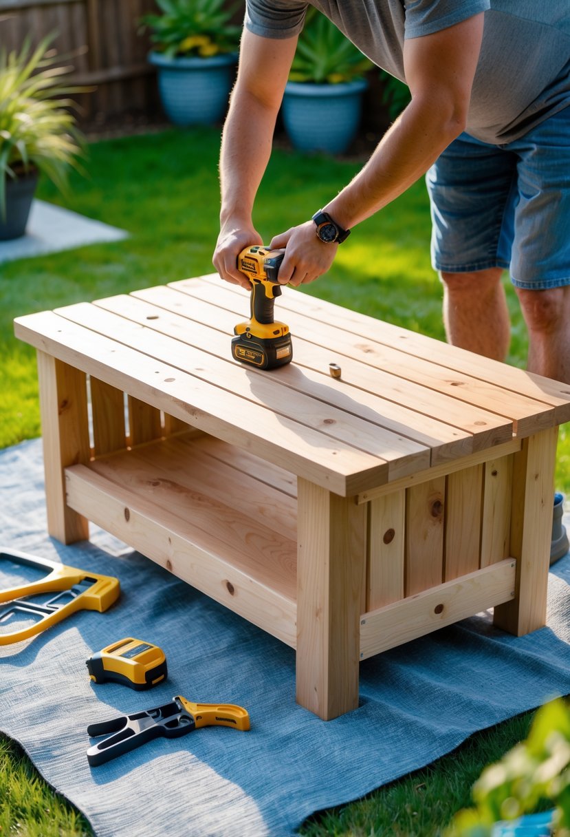Person assembling a wooden outdoor coffee table with storage in a backyard, using a cordless drill.