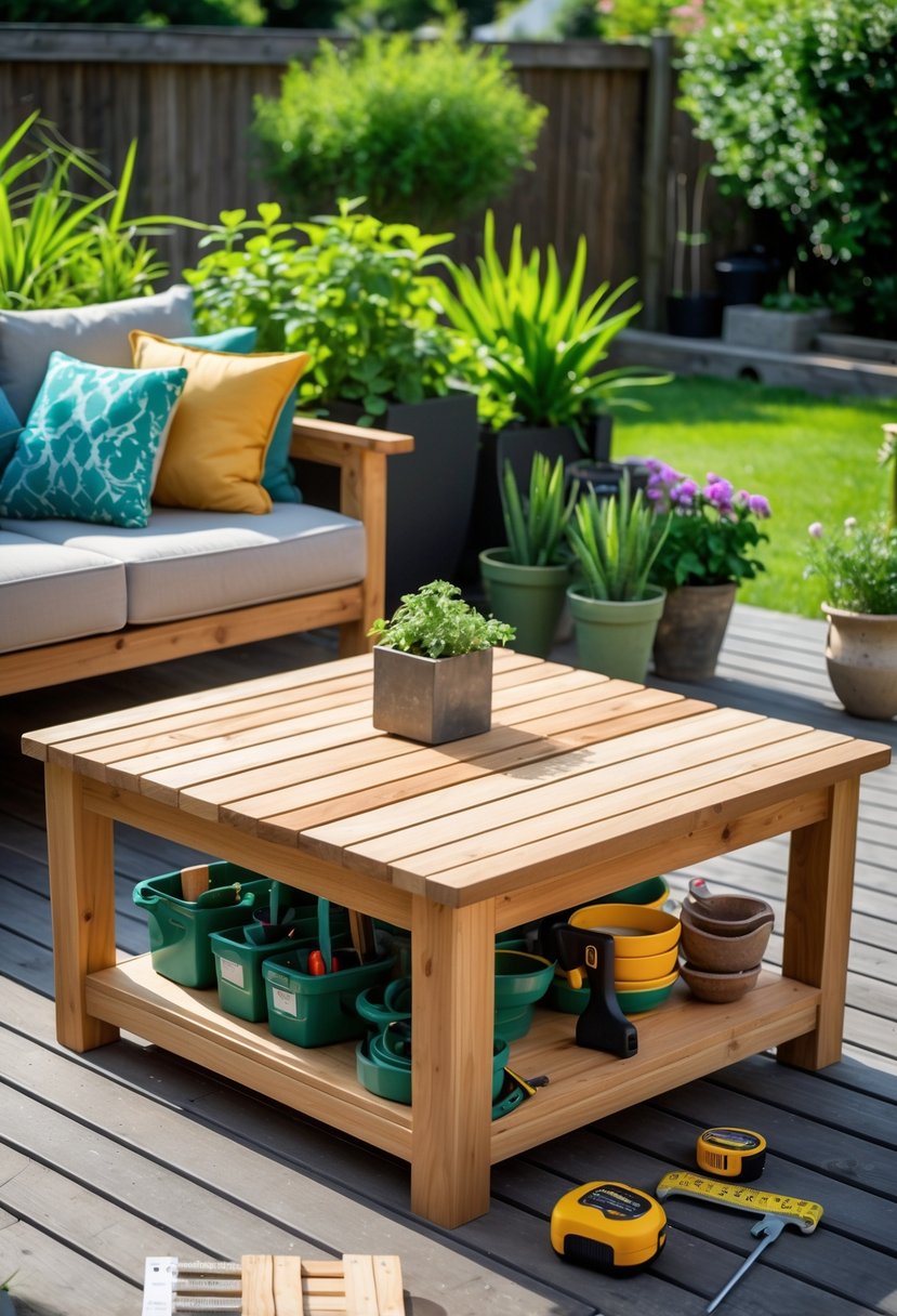 An outdoor wooden coffee table with storage on a deck surrounded by plants and seating, with tools nearby.