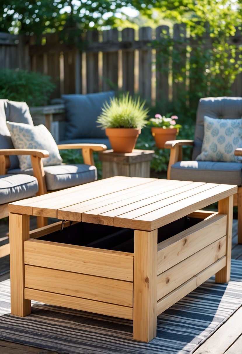 An outdoor wooden coffee table with storage on a deck surrounded by chairs and plants.