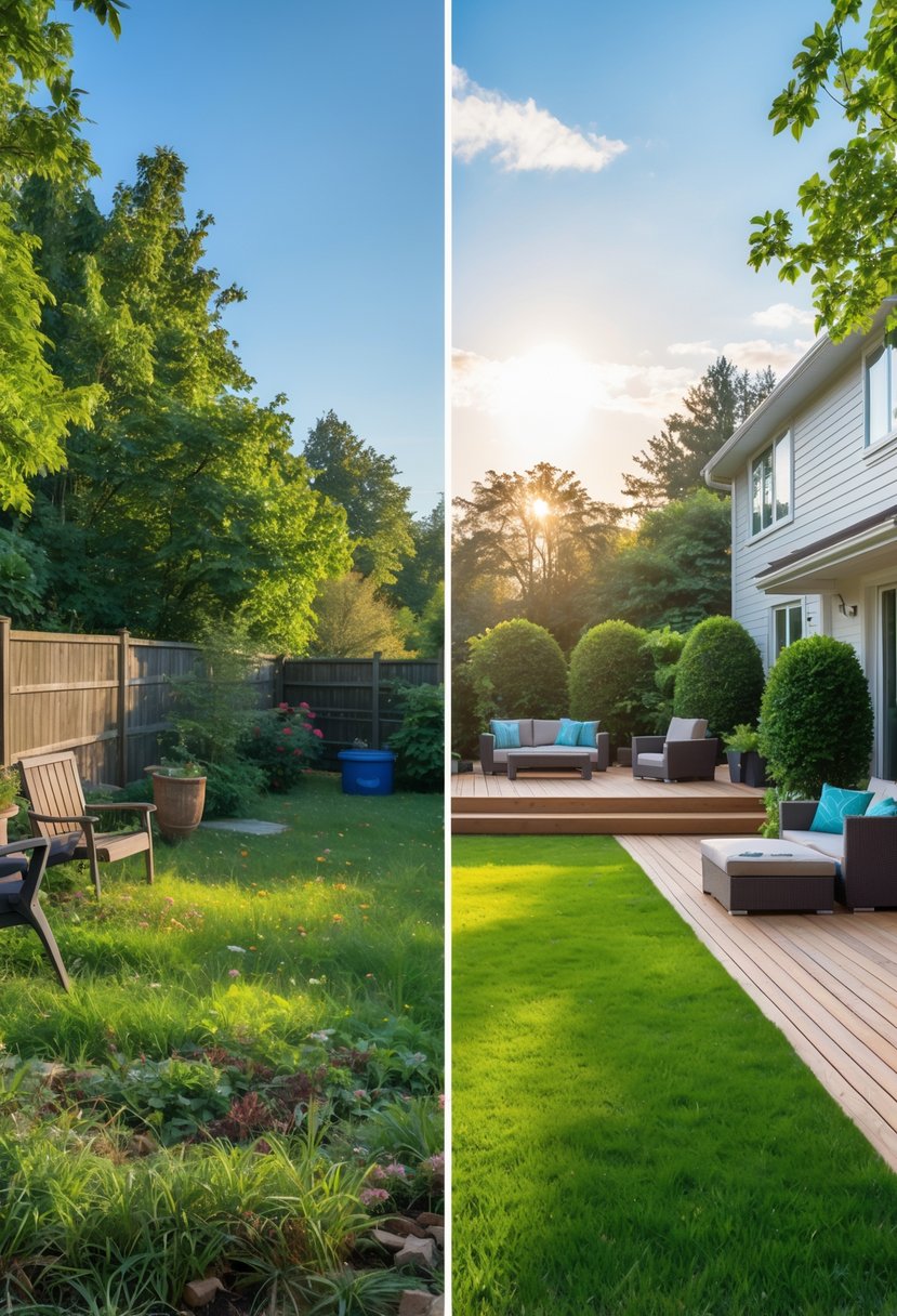 Side-by-side view of a backyard before and after renovation, showing an overgrown yard transformed into a well-maintained garden with lawn and outdoor furniture.