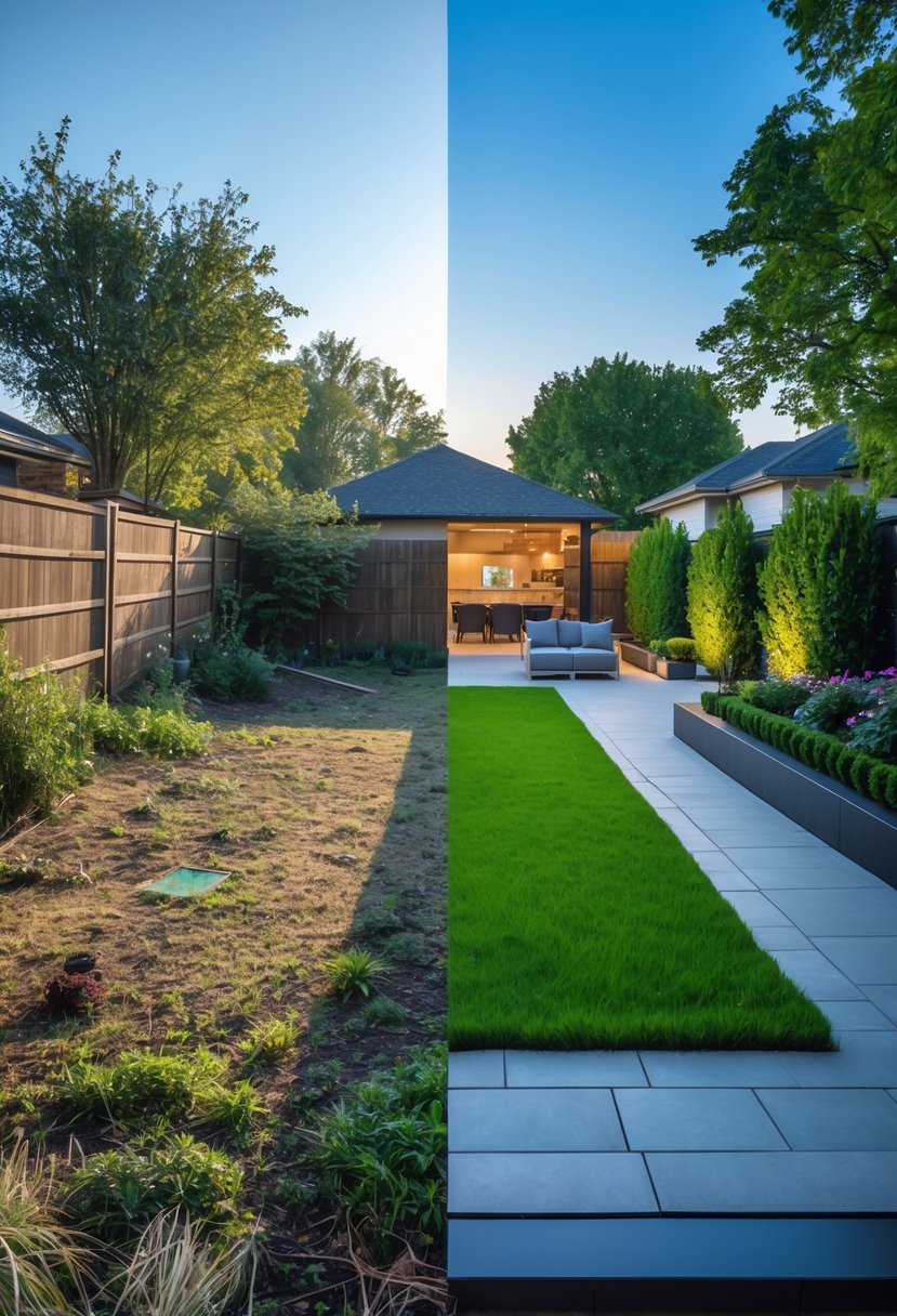 Side-by-side comparison of a backyard before and after landscaping transformation with a dull yard on the left and a vibrant, well-maintained garden with patio on the right.