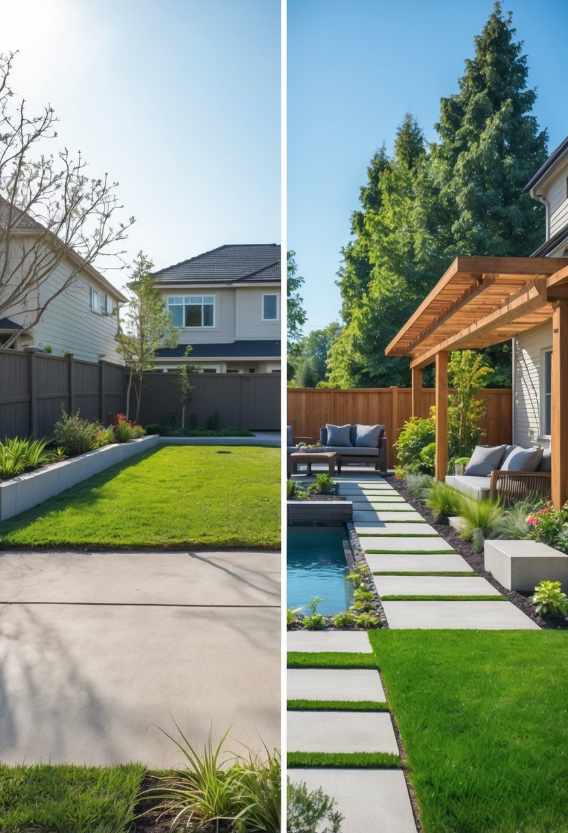 A side-by-side view of a residential yard before and after landscaping improvements, showing a plain yard on the left and a lush, well-designed garden with flowers, pathways, and outdoor furniture on the right.