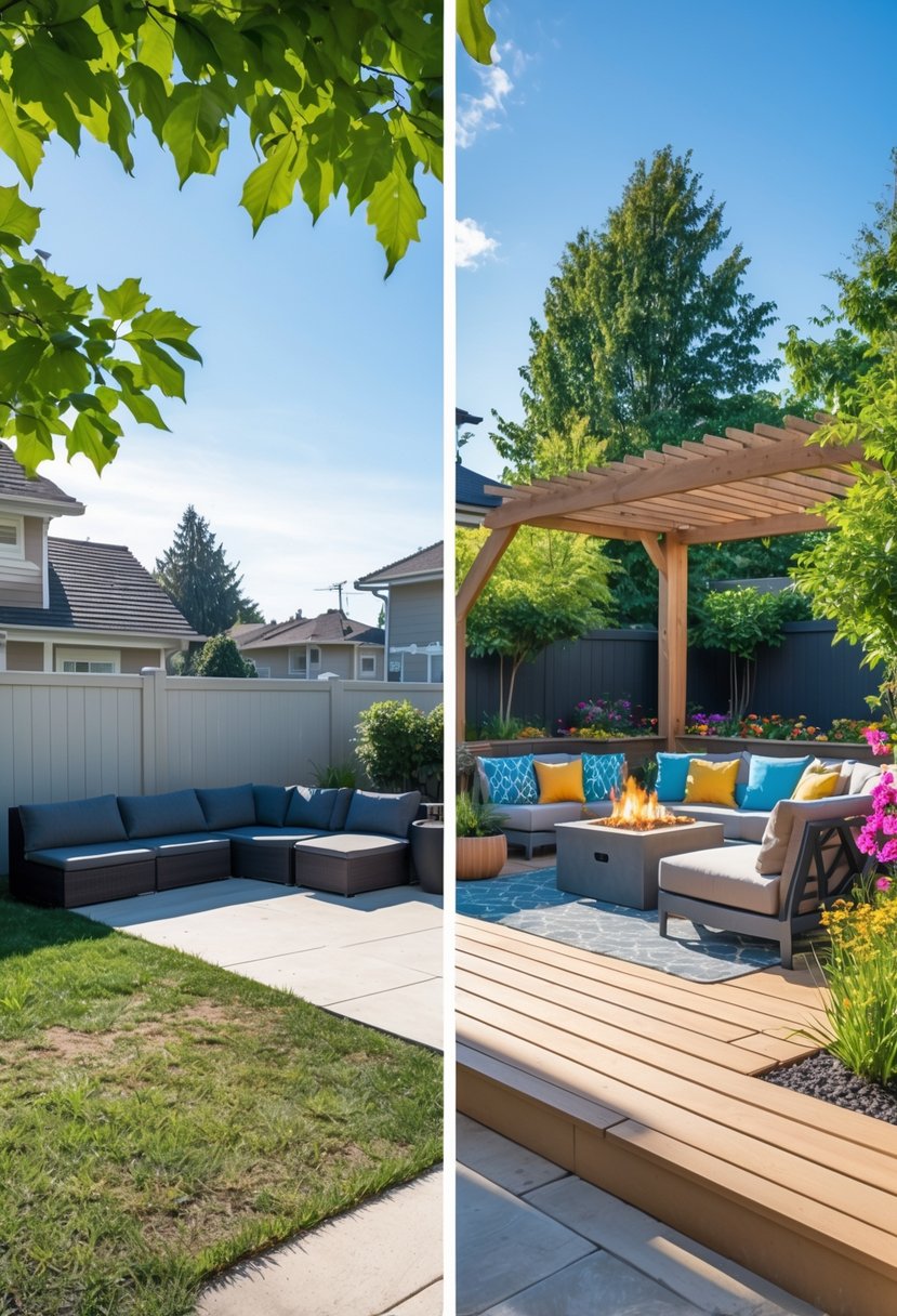 Side-by-side view of a backyard before and after renovation, showing a plain yard on the left and a furnished outdoor living area with seating, greenery, and decorative lighting on the right.