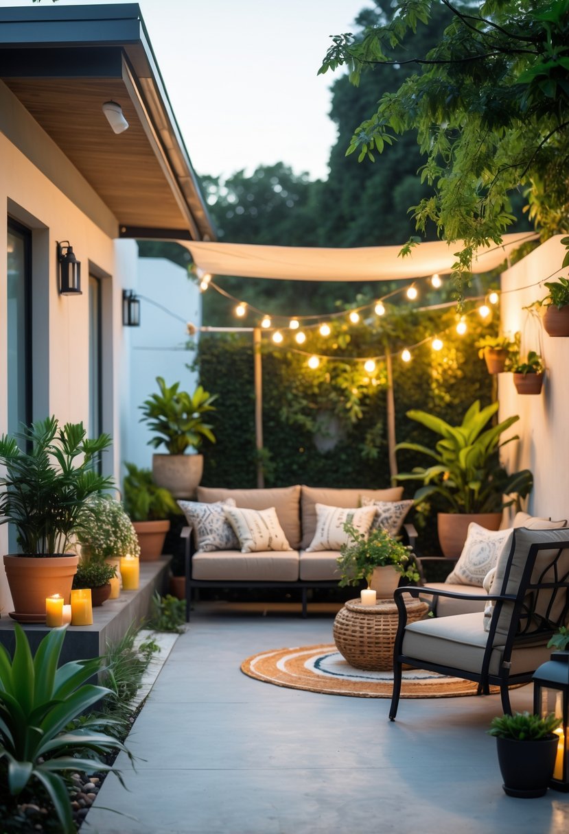 Outdoor patio area showing a before and after transformation with plants, outdoor furniture, and decorative details enhancing the space.