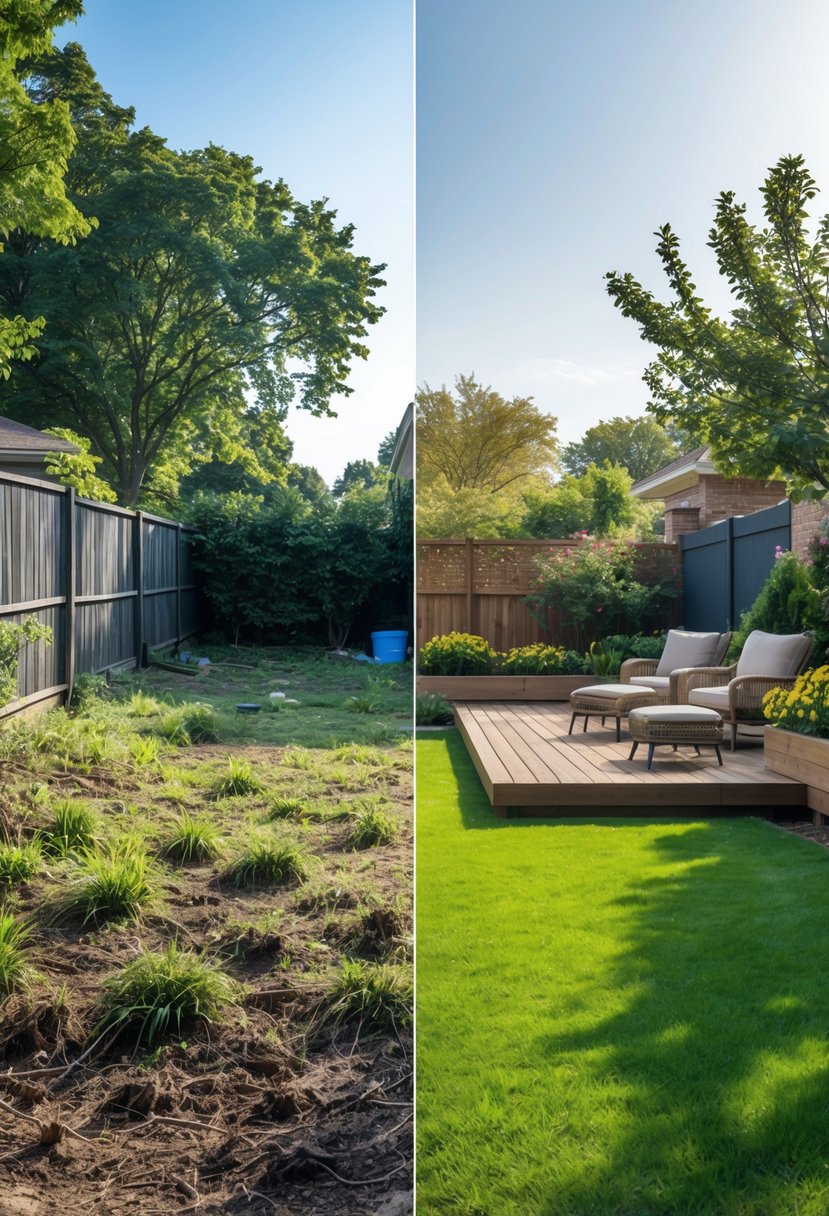 Side-by-side view of a neglected backyard on the left and a renovated outdoor space with green lawn, flowers, and outdoor furniture on the right.
