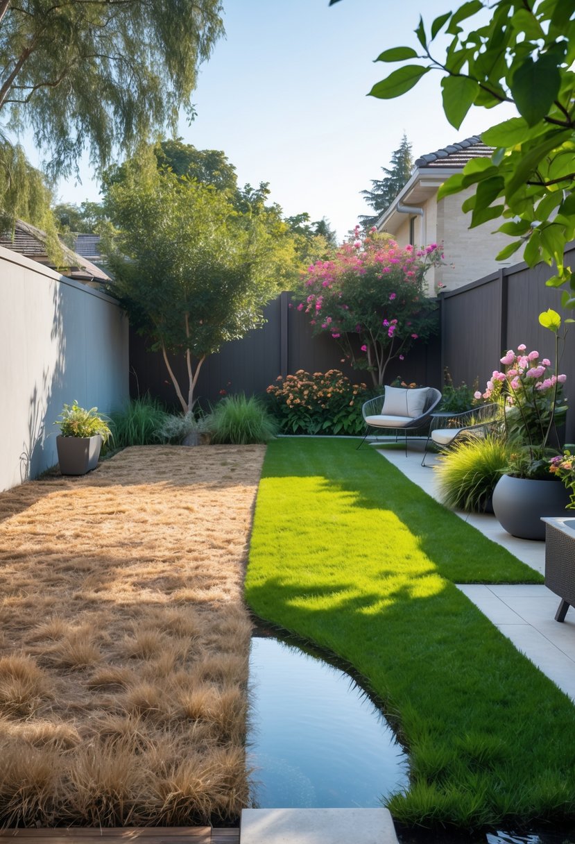A backyard showing a side-by-side comparison of a dull outdoor space with dry grass and a vibrant, beautifully landscaped garden with green grass, flowers, and outdoor furniture.