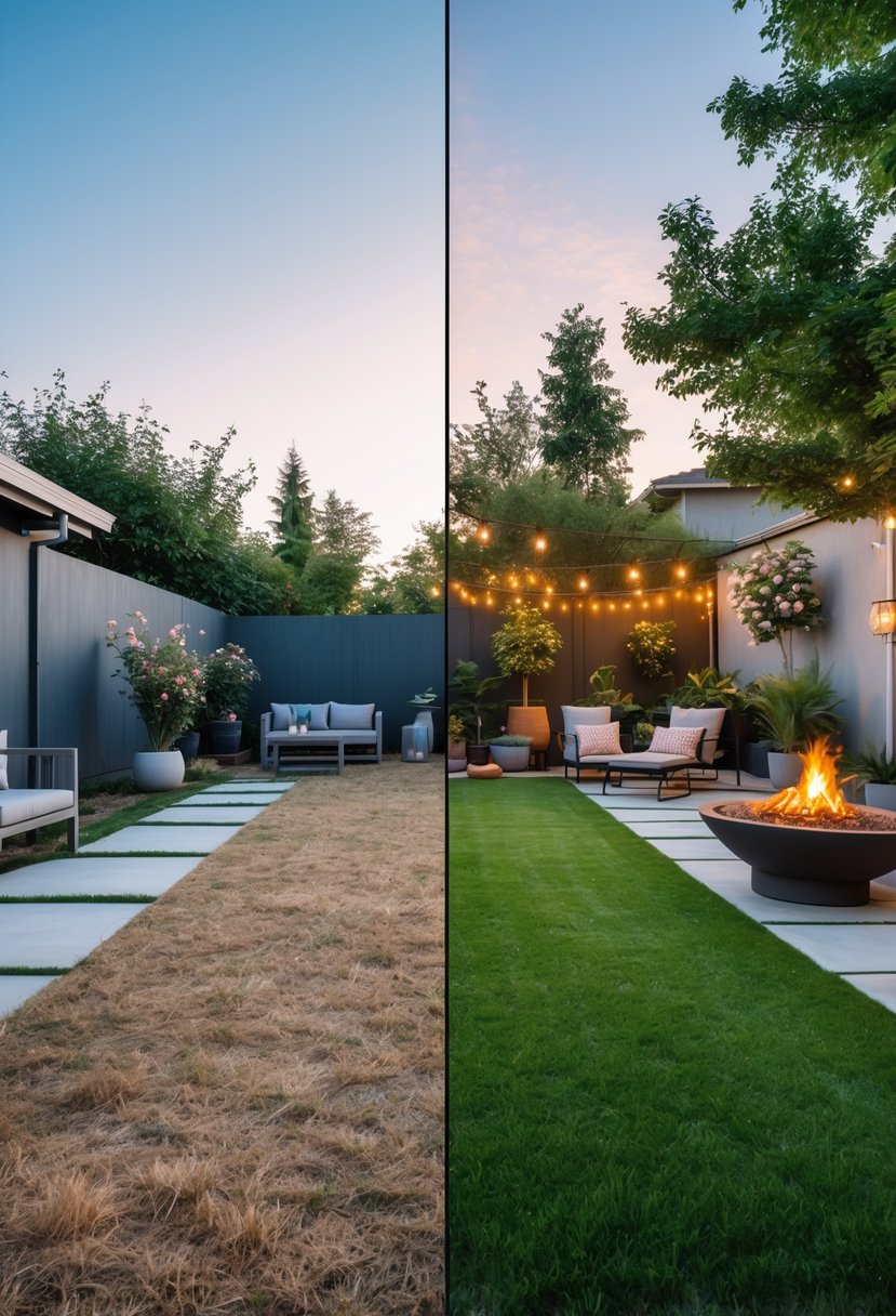 A backyard showing a side-by-side comparison of a dull outdoor area with dry grass and plain concrete, and a transformed vibrant space with green lawn, colorful plants, patio furniture, and warm lighting.