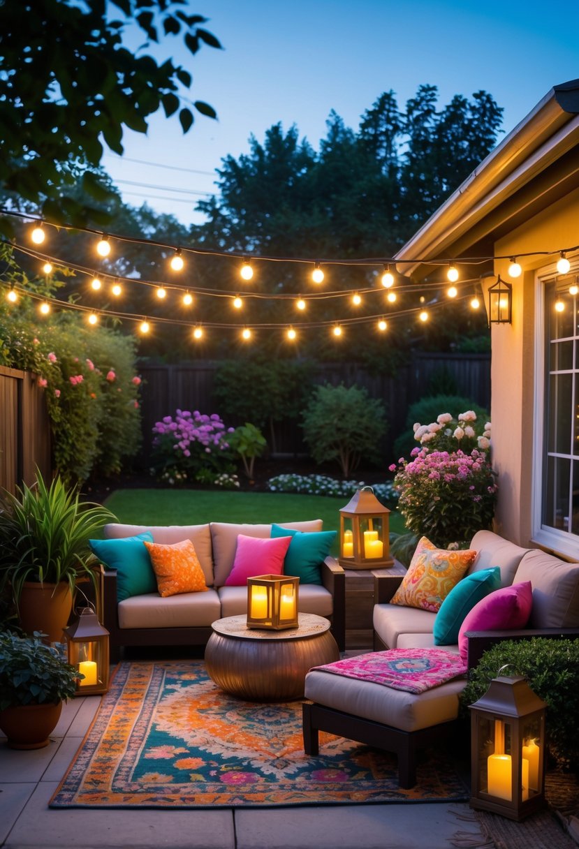 An inviting outdoor patio with warm string lights, comfortable seating, plants, and decorative elements creating a cozy atmosphere in a garden setting.