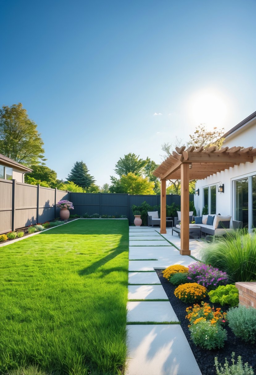 A split view of an outdoor space showing a dull, plain backyard on one side and a vibrant, beautifully landscaped garden with outdoor furniture and greenery on the other.