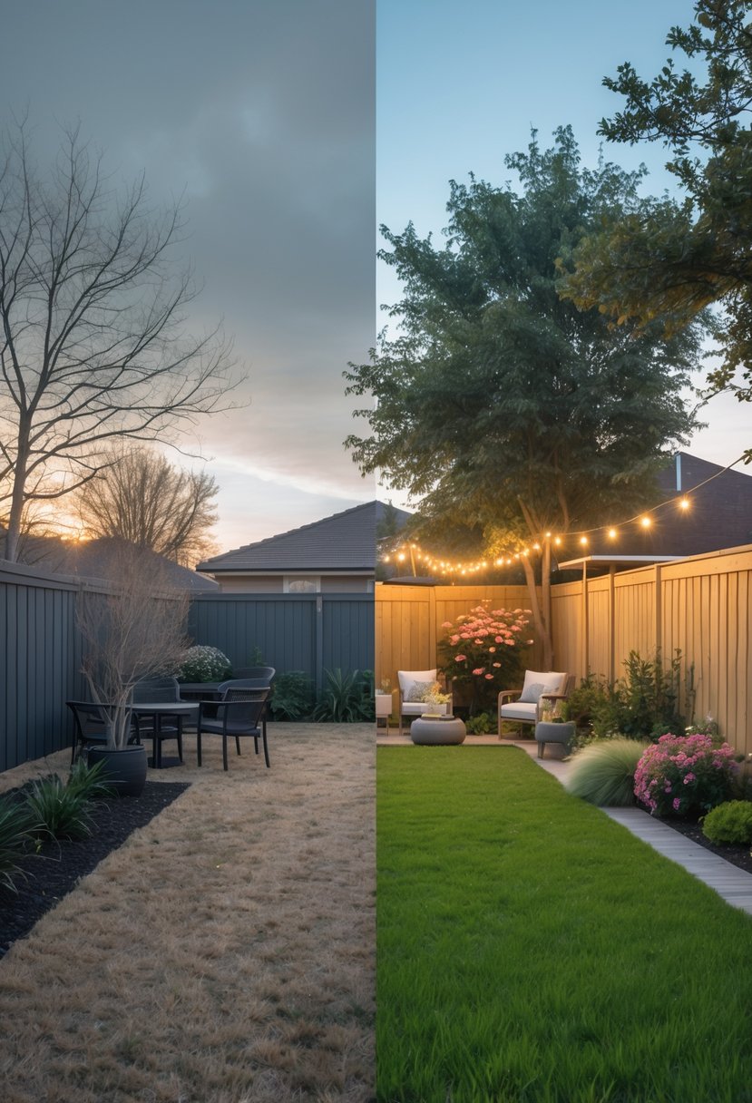 A split view of a backyard showing a dull, dry space on one side and a lush, colorful, inviting garden with outdoor seating and lights on the other.