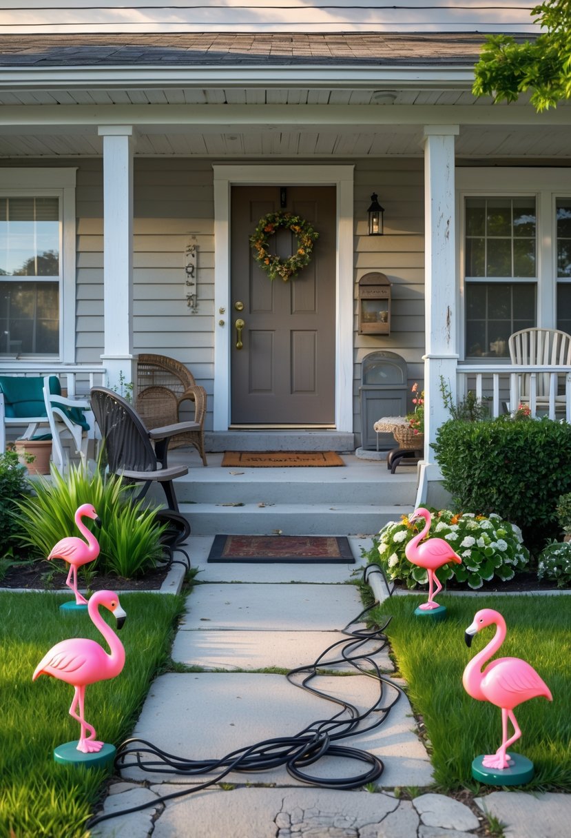 A front yard of a house showing cluttered furniture, peeling paint, overgrown weeds, crooked doormat, uneven garden lights, rusted mailbox, tangled cords, cracked pathway, and plastic lawn ornaments.
