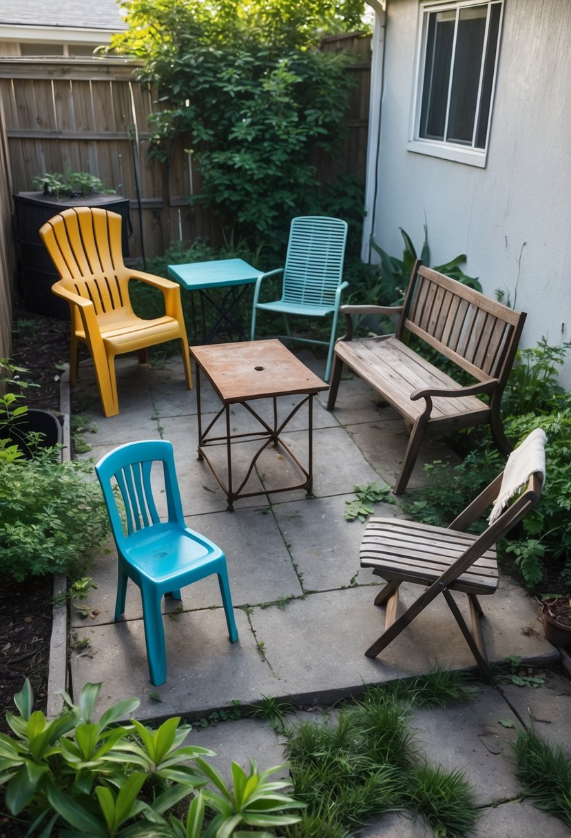 An outdoor patio with mismatched and worn furniture including a plastic chair, rusty metal table, and peeling wooden bench surrounded by patchy grass and overgrown plants.