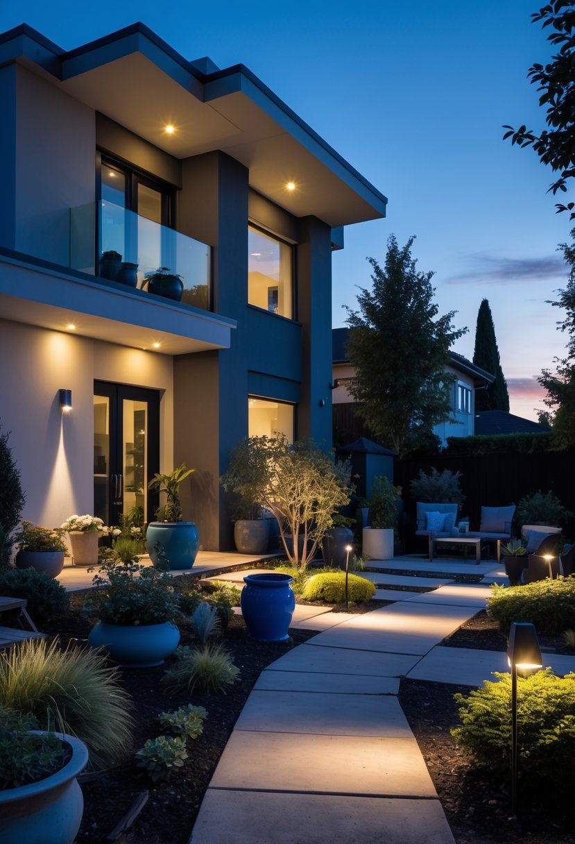 Front yard of a modern home at dusk with uneven outdoor lighting casting harsh shadows and mismatched garden decor.