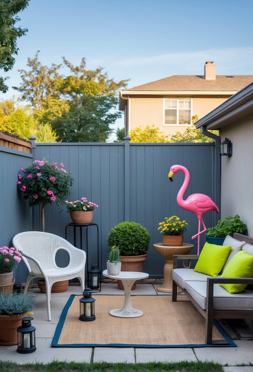 Outdoor patio with mismatched and disproportionate decor items including oversized garden gnome, tiny flower pots, plastic chair, wooden bench, bright cushions, scattered lanterns, and uneven potted plants.