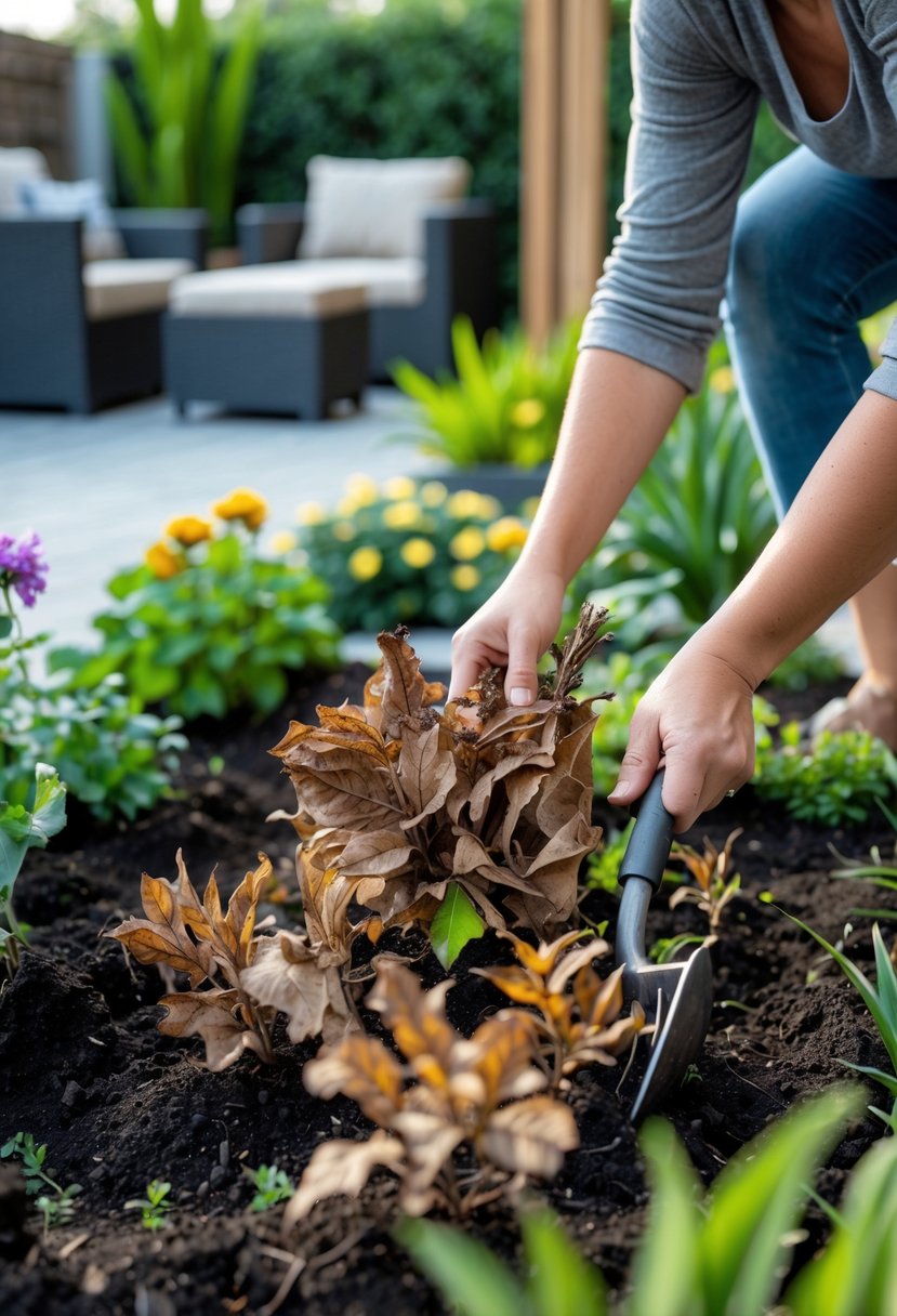 A person planting dying and wilted plants in an outdoor garden bed surrounded by healthy greenery.