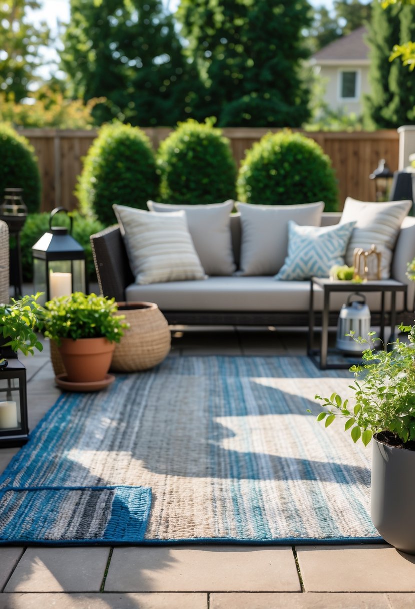 Outdoor patio with worn and faded rug under a seating area surrounded by plants and garden.