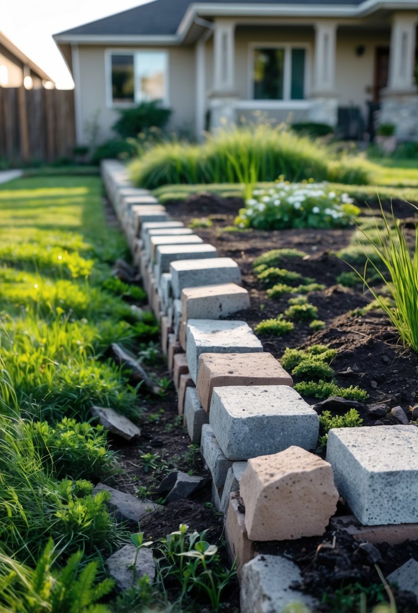 A garden with uneven, crooked stone borders and overgrown grass next to a suburban house.